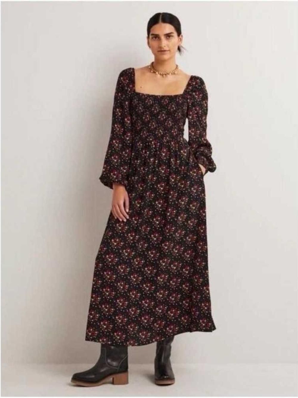 Boden Black Floral Square-Neck Smocked Long Sleeve Maxi Dress, Size 6P